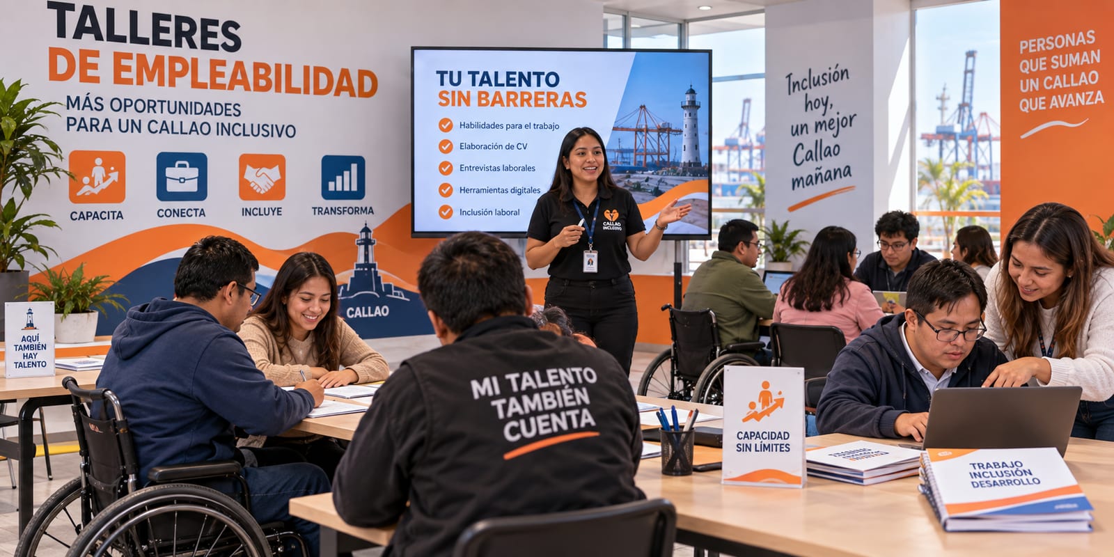 Visualización de un taller municipal de empleabilidad en el Callao con participantes con y sin discapacidad.