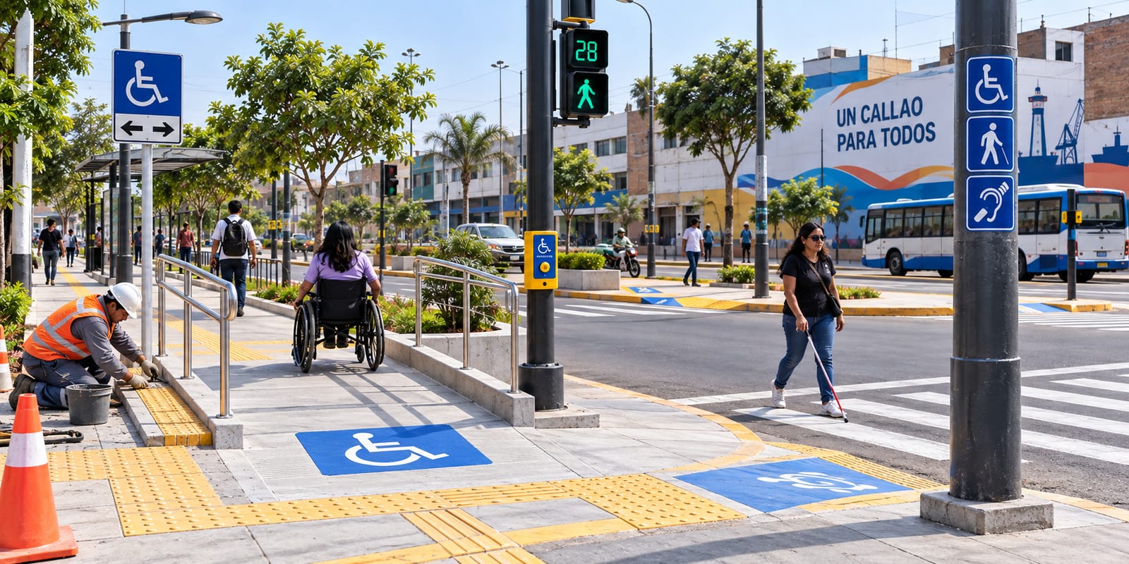 Visualización de un cruce peatonal accesible en el Callao con rampas, pavimento podotáctil y semáforo peatonal.