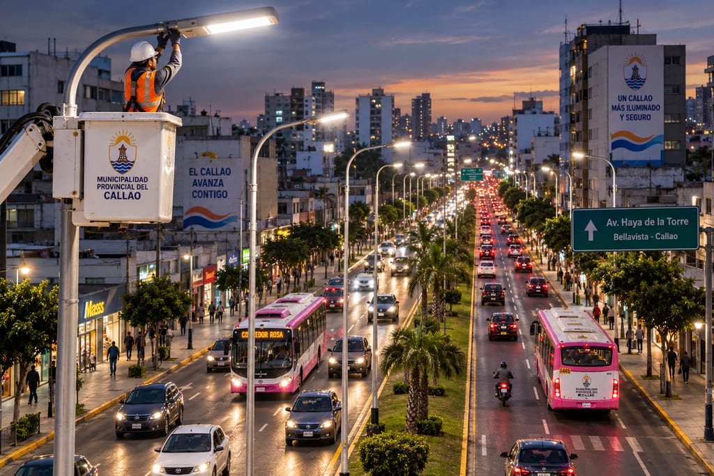 Visualización de trabajos de instalación de luminarias LED en una avenida iluminada del Callao.